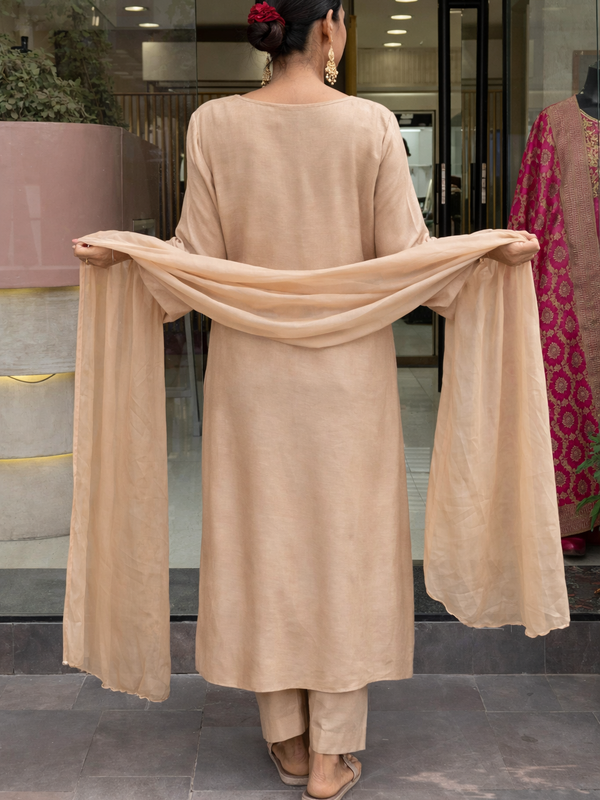 Women's P.V. Chanderi Embroidered Kurta Pant & Dupatta Set