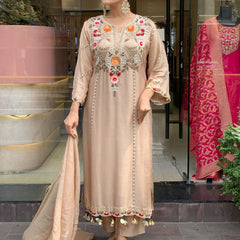 Women's P.V. Chanderi Embroidered Kurta Pant & Dupatta Set