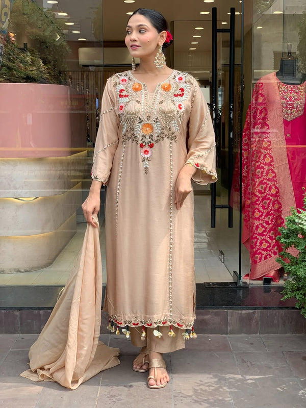 Women's P.V. Chanderi Embroidered Kurta Pant & Dupatta Set