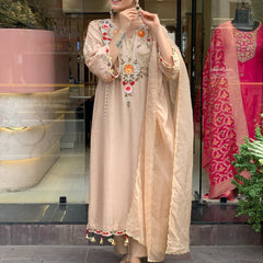 Women's P.V. Chanderi Embroidered Kurta Pant & Dupatta Set