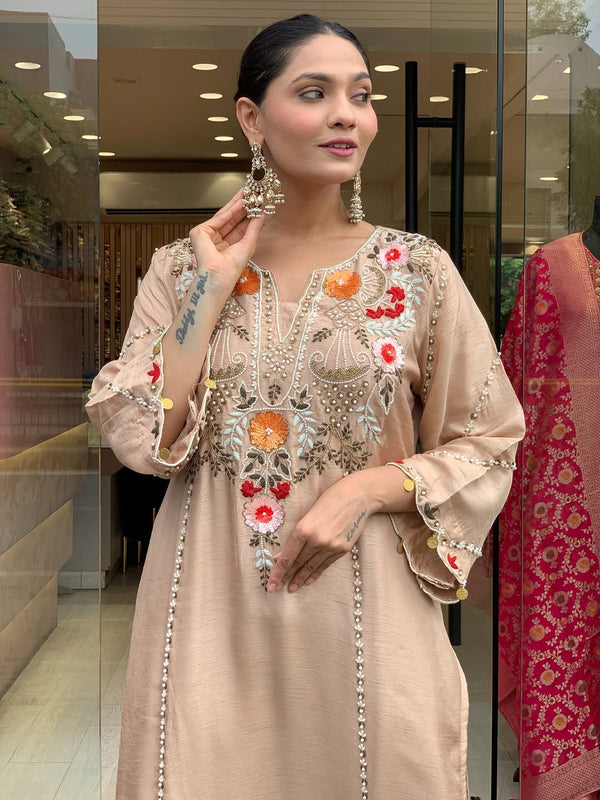 Women's P.V. Chanderi Embroidered Kurta Pant & Dupatta Set