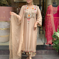 Women's P.V. Chanderi Embroidered Kurta Pant & Dupatta Set