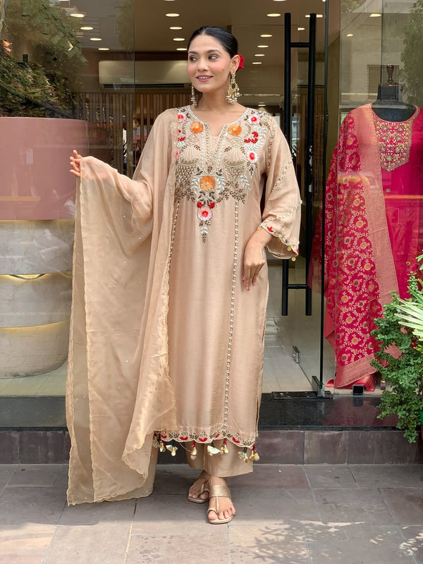 Women's P.V. Chanderi Embroidered Kurta Pant & Dupatta Set