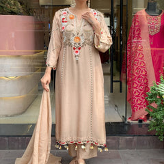 Women's P.V. Chanderi Embroidered Kurta Pant & Dupatta Set