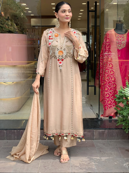 Women's P.V. Chanderi Embroidered Kurta Pant & Dupatta Set