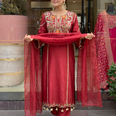 Women's P.V. Chanderi Embroidered Kurta Pant & Dupatta Set