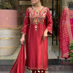 Women's P.V. Chanderi Embroidered Kurta Pant & Dupatta Set