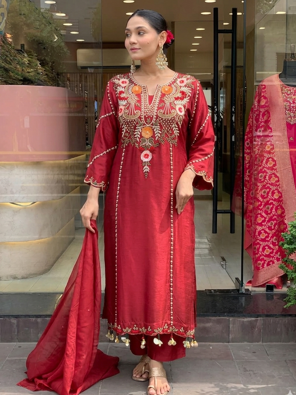 Women's P.V. Chanderi Embroidered Kurta Pant & Dupatta Set