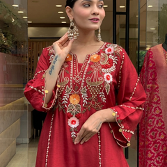 Women's P.V. Chanderi Embroidered Kurta Pant & Dupatta Set