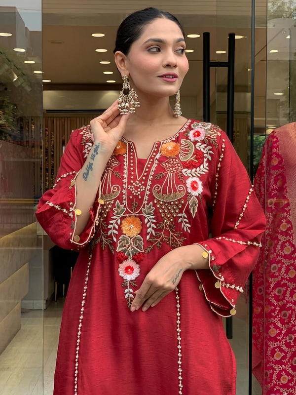 Women's P.V. Chanderi Embroidered Kurta Pant & Dupatta Set
