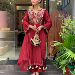 Women's P.V. Chanderi Embroidered Kurta Pant & Dupatta Set