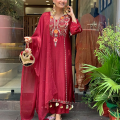 Women's P.V. Chanderi Embroidered Kurta Pant & Dupatta Set
