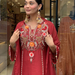 Women's P.V. Chanderi Embroidered Kurta Pant & Dupatta Set