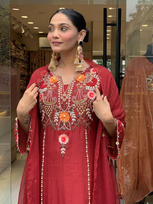 Women's P.V. Chanderi Embroidered Kurta Pant & Dupatta Set