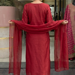 Women's P.V. Chanderi Embroidered Kurta Pant & Dupatta Set