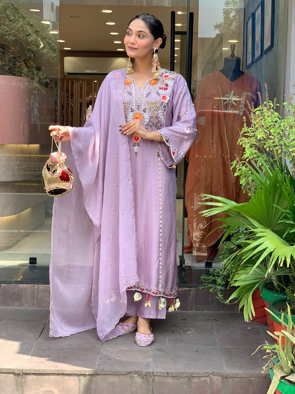 Women's P.V. Chanderi Embroidered Kurta Pant & Dupatta Set