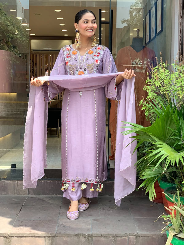 Women's P.V. Chanderi Embroidered Kurta Pant & Dupatta Set