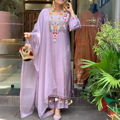 Women's P.V. Chanderi Embroidered Kurta Pant & Dupatta Set