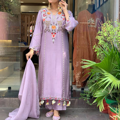 Women's P.V. Chanderi Embroidered Kurta Pant & Dupatta Set