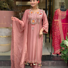 Women's P.V. Chanderi Embroidered Kurta Pant & Dupatta Set