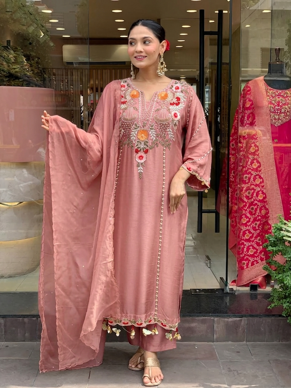 Women's P.V. Chanderi Embroidered Kurta Pant & Dupatta Set