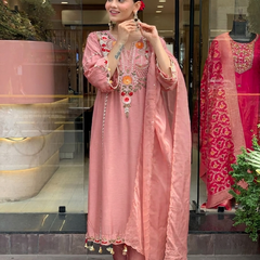 Women's P.V. Chanderi Embroidered Kurta Pant & Dupatta Set