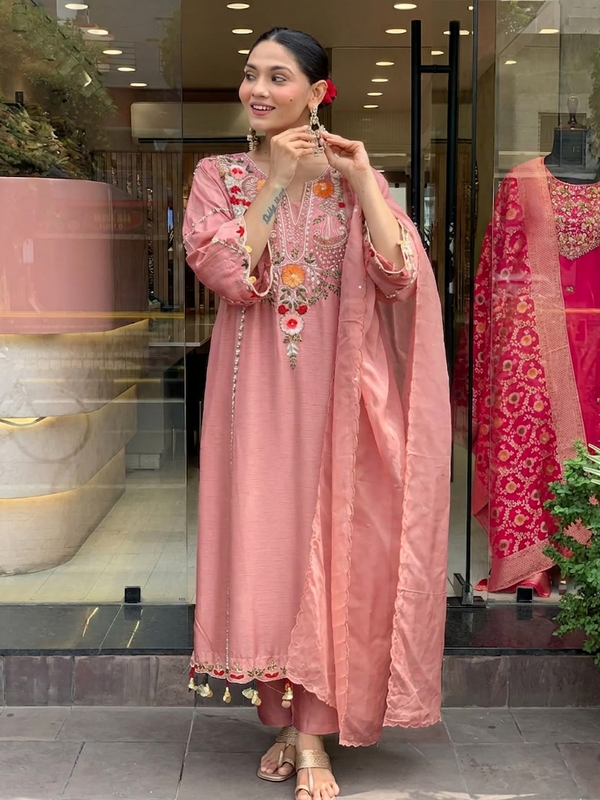Women's P.V. Chanderi Embroidered Kurta Pant & Dupatta Set
