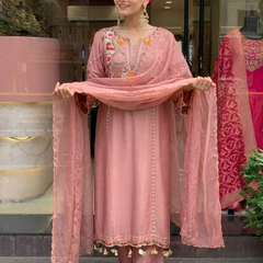 Women's P.V. Chanderi Embroidered Kurta Pant & Dupatta Set