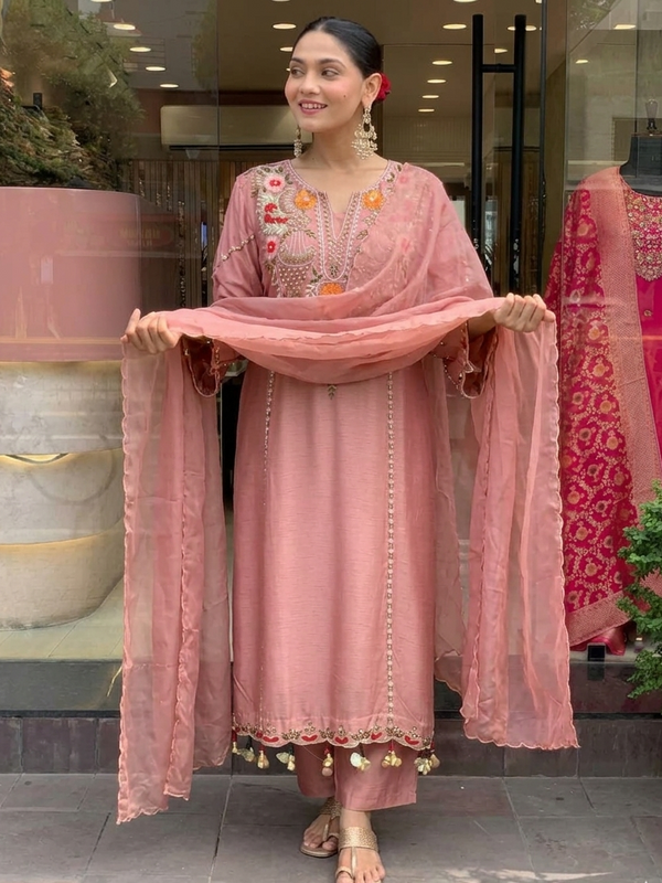 Women's P.V. Chanderi Embroidered Kurta Pant & Dupatta Set