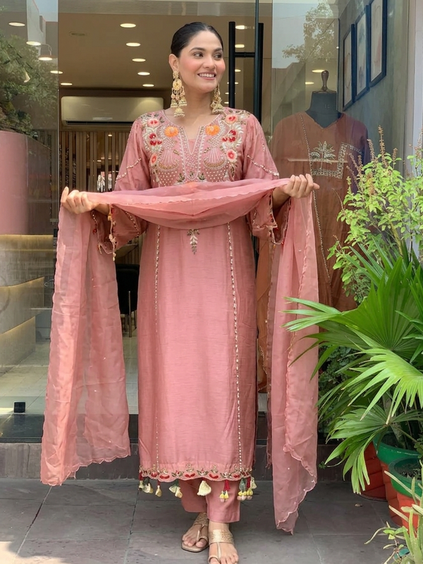 Women's P.V. Chanderi Embroidered Kurta Pant & Dupatta Set