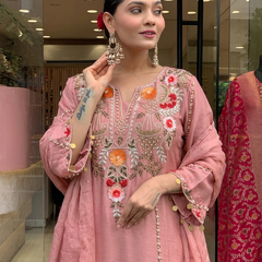 Women's P.V. Chanderi Embroidered Kurta Pant & Dupatta Set