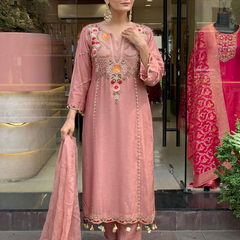Women's P.V. Chanderi Embroidered Kurta Pant & Dupatta Set