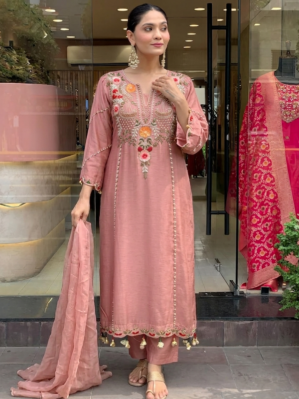 Women's P.V. Chanderi Embroidered Kurta Pant & Dupatta Set