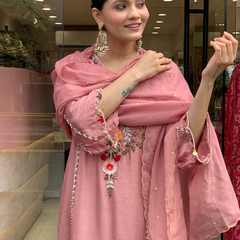 Women's P.V. Chanderi Embroidered Kurta Pant & Dupatta Set