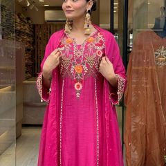 Women's P.V. Chanderi Embroidered Kurta Pant & Dupatta Set