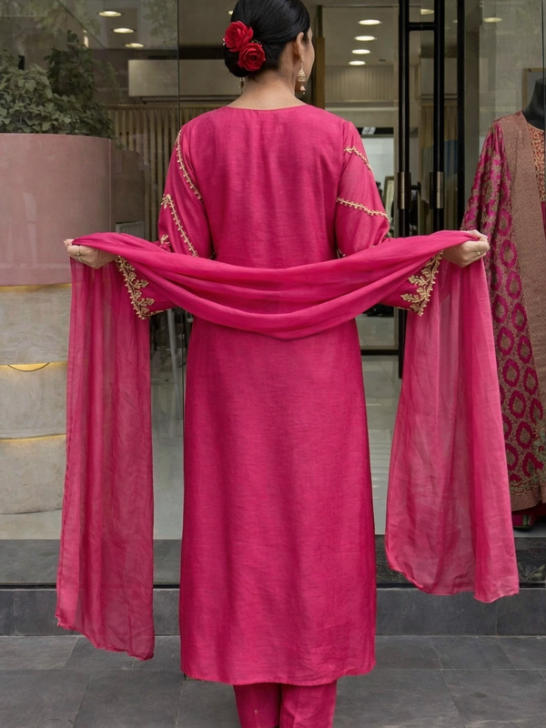 Women's P.V. Chanderi Embroidered Kurta Pant & Dupatta Set