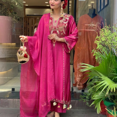 Women's P.V. Chanderi Embroidered Kurta Pant & Dupatta Set