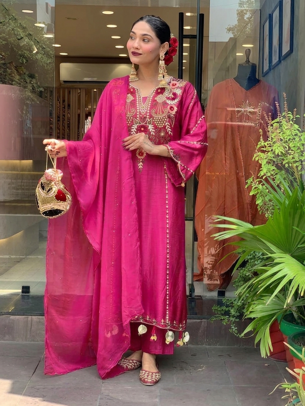 Women's P.V. Chanderi Embroidered Kurta Pant & Dupatta Set