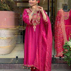 Women's P.V. Chanderi Embroidered Kurta Pant & Dupatta Set