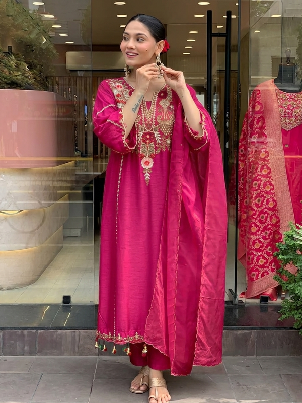 Women's P.V. Chanderi Embroidered Kurta Pant & Dupatta Set