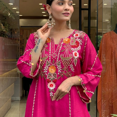 Women's P.V. Chanderi Embroidered Kurta Pant & Dupatta Set