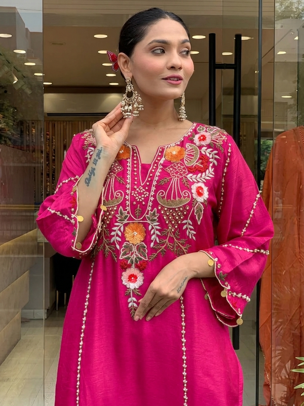Women's P.V. Chanderi Embroidered Kurta Pant & Dupatta Set