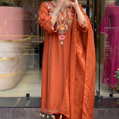 Women's P.V. Chanderi Embroidered Kurta Pant & Dupatta Set