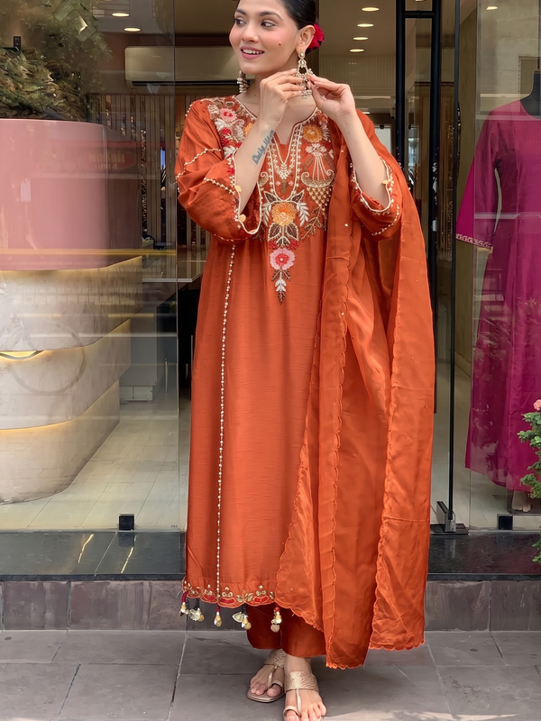 Women's P.V. Chanderi Embroidered Kurta Pant & Dupatta Set