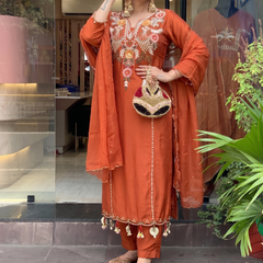 Women's P.V. Chanderi Embroidered Kurta Pant & Dupatta Set