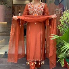 Women's P.V. Chanderi Embroidered Kurta Pant & Dupatta Set