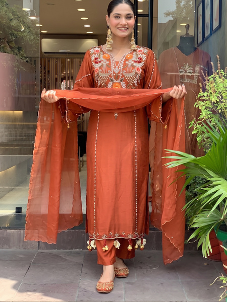Women's P.V. Chanderi Embroidered Kurta Pant & Dupatta Set