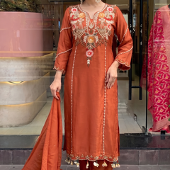Women's P.V. Chanderi Embroidered Kurta Pant & Dupatta Set