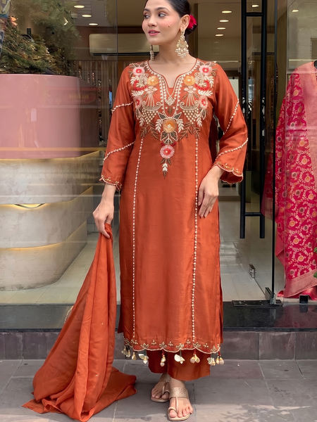 Women's P.V. Chanderi Embroidered Kurta Pant & Dupatta Set