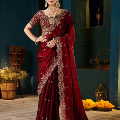 Women's Traditional Party Wear Silk Saree with Embroidered Blouse & Hand Work Lace Border